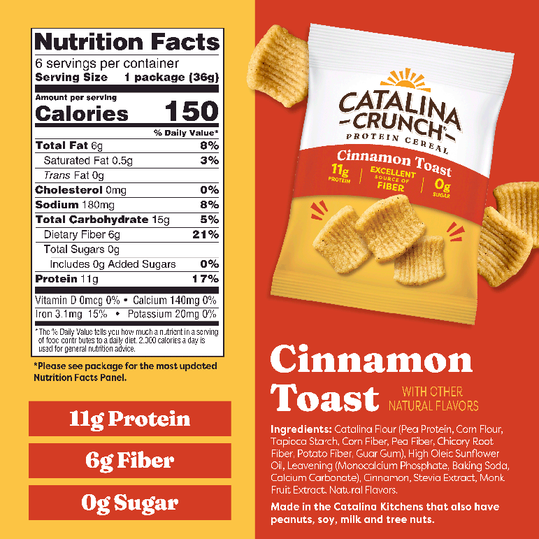 Catalina Crunch Cinnamon Toast protein cereal package with nutrition facts label on a red background