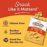 Catalina Crunch protein cereal package with branding and certification details on a red and yellow background.