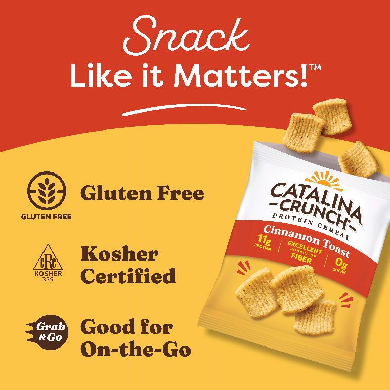 Catalina Crunch protein cereal package with branding and certification details on a red and yellow background.