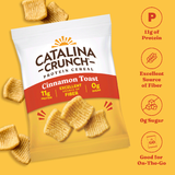 Catalina Crunch Protein Cereal package with cinnamon toast flavor on a yellow background