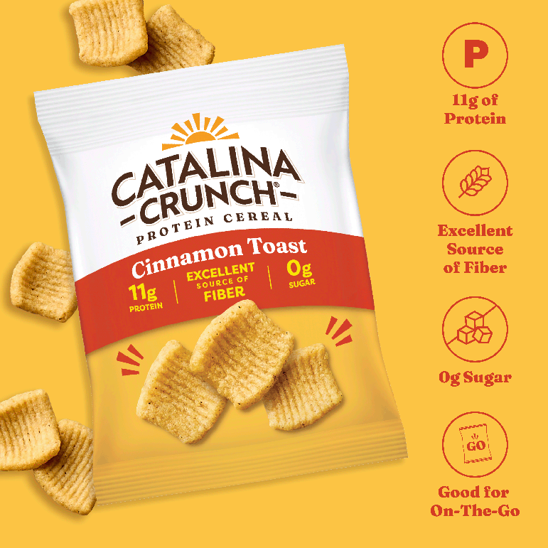 Catalina Crunch Protein Cereal package with cinnamon toast flavor on a yellow background