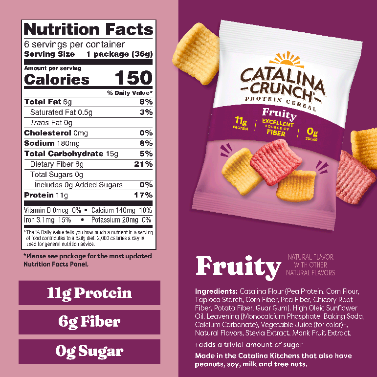 Catalina Crunch Fruity protein cereal package with nutrition facts on a purple background