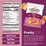 Catalina Crunch Fruity protein cereal package with nutrition facts on a purple background
