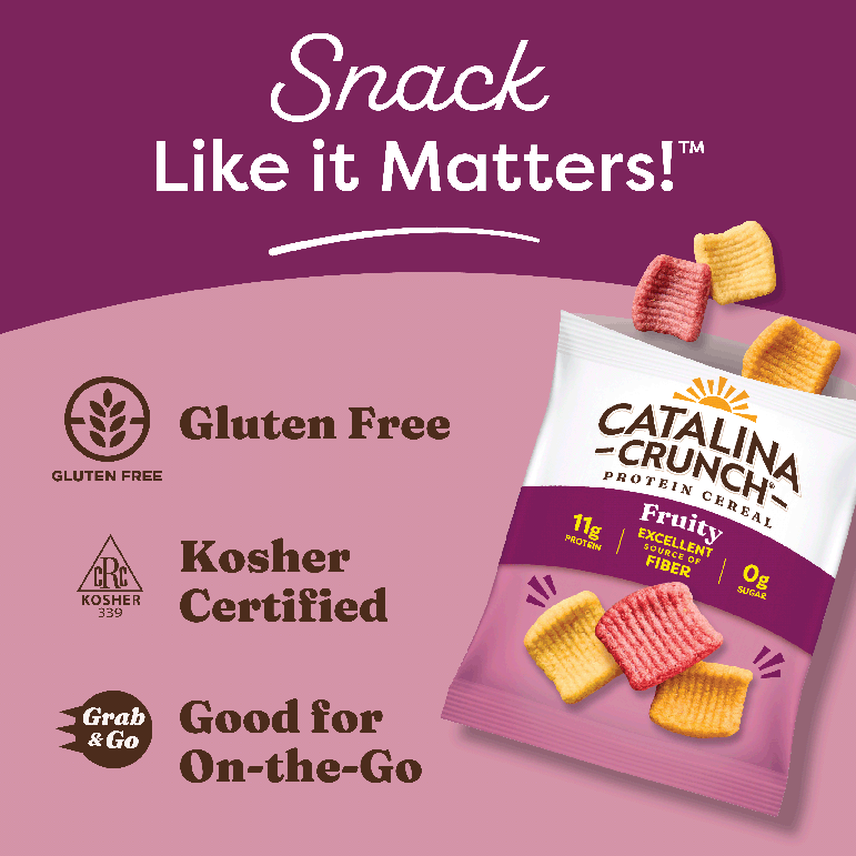 Catalina Crunch protein cereal package with reasons to believe text on a purple background