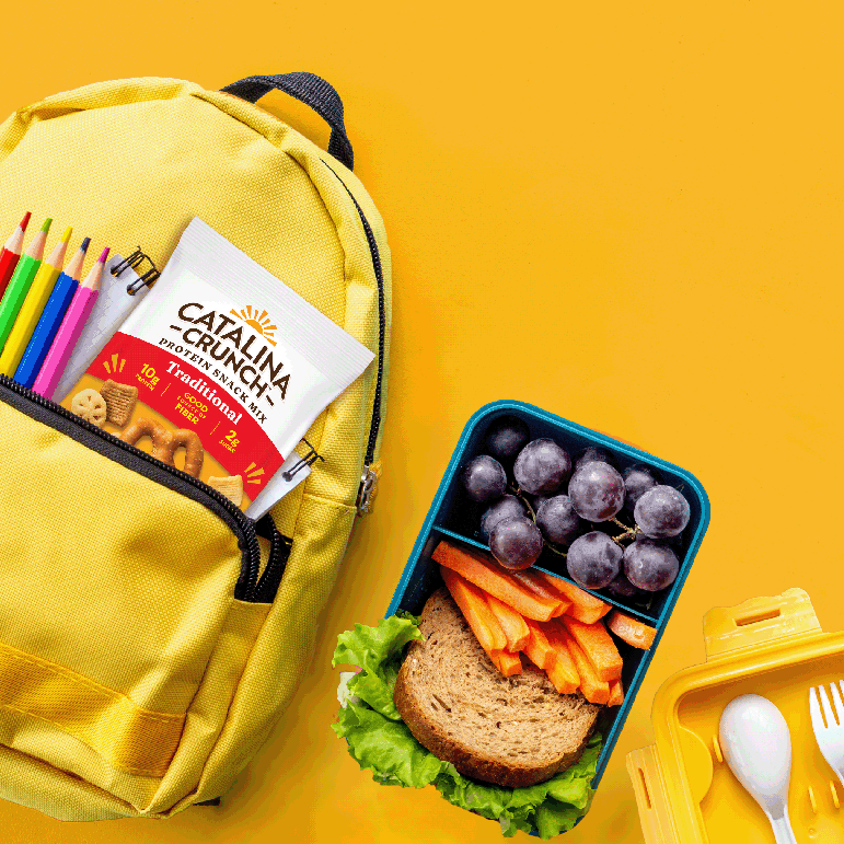 Yellow backpack with snacks and a lunchbox on a yellow background