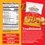 Catalina Crunch Protein Snack Mix packaging with nutrition facts on a red and yellow background