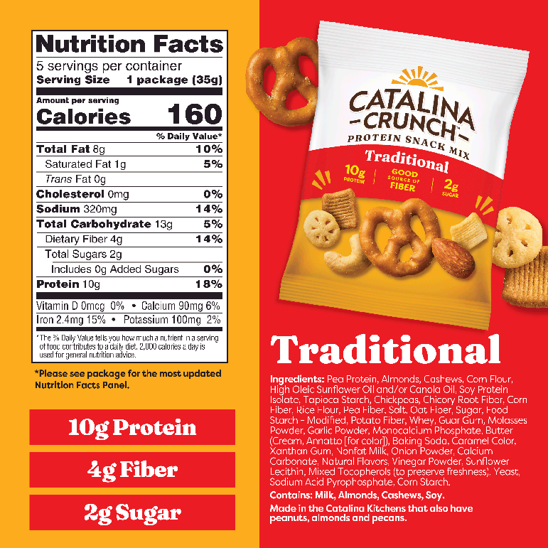 Catalina Crunch Protein Snack Mix packaging with nutrition facts on a red and yellow background