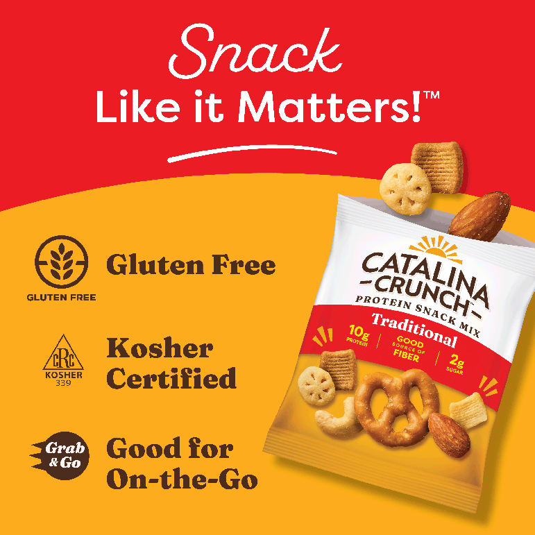 Catalina Crunch protein snack mix packaging with branding and certification details on a red and yellow background.
