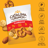 Catalina Crunch protein snack mix packaging on a yellow background