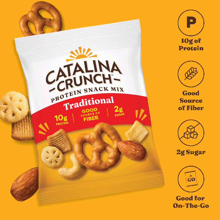 Catalina Crunch protein snack mix packaging on a yellow background