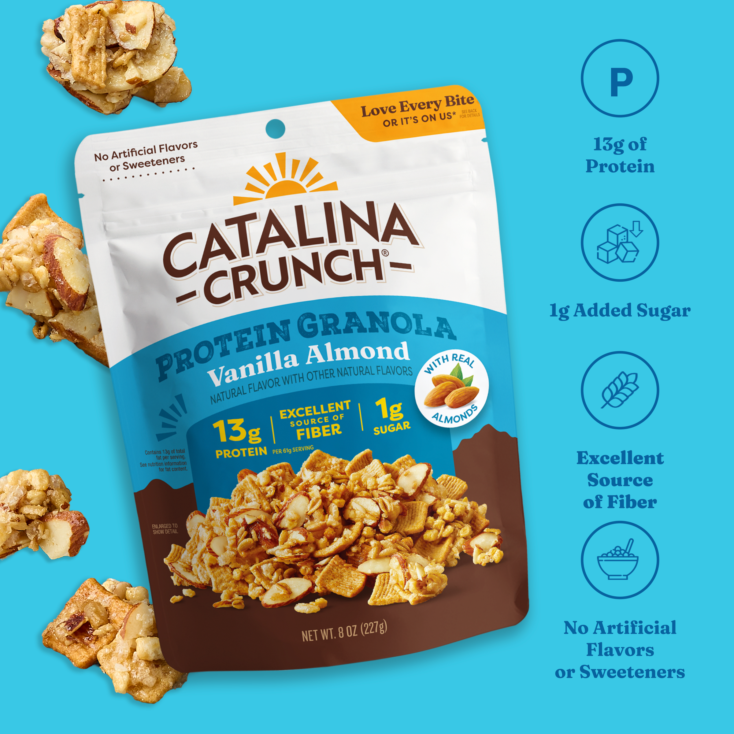 Catalina Crunch Protein Granola Vanilla Almond package on a blue background