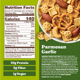Nutrition label and image of Parmesan Garlic snack mix on a green background
