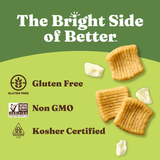 Gluten-free, non-GMO, and kosher certified cereal on a green background with certification logos.
