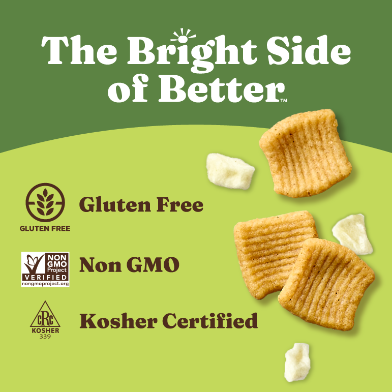 Gluten-free, non-GMO, and kosher certified cereal on a green background with certification logos.