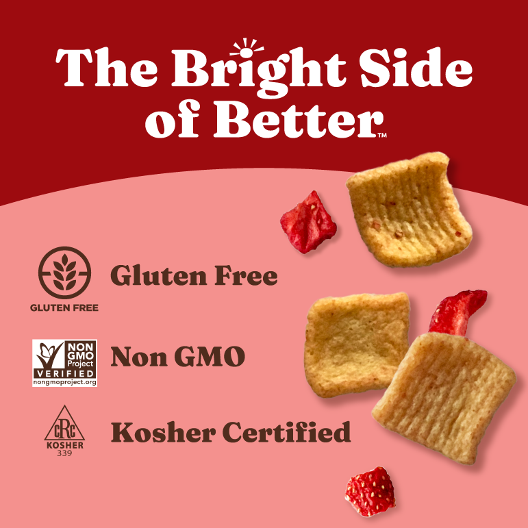 Gluten-free, non-GMO, and kosher certification logos on a red and pink background.