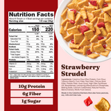 Nutrition facts label and strawberry strudel cereal on a red background