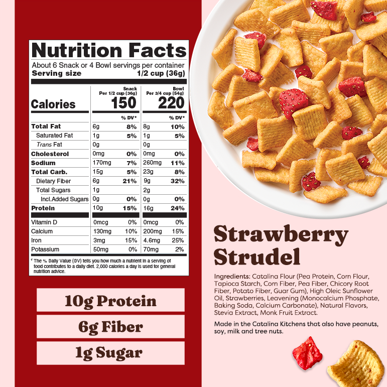 Nutrition facts label and strawberry strudel cereal on a red background