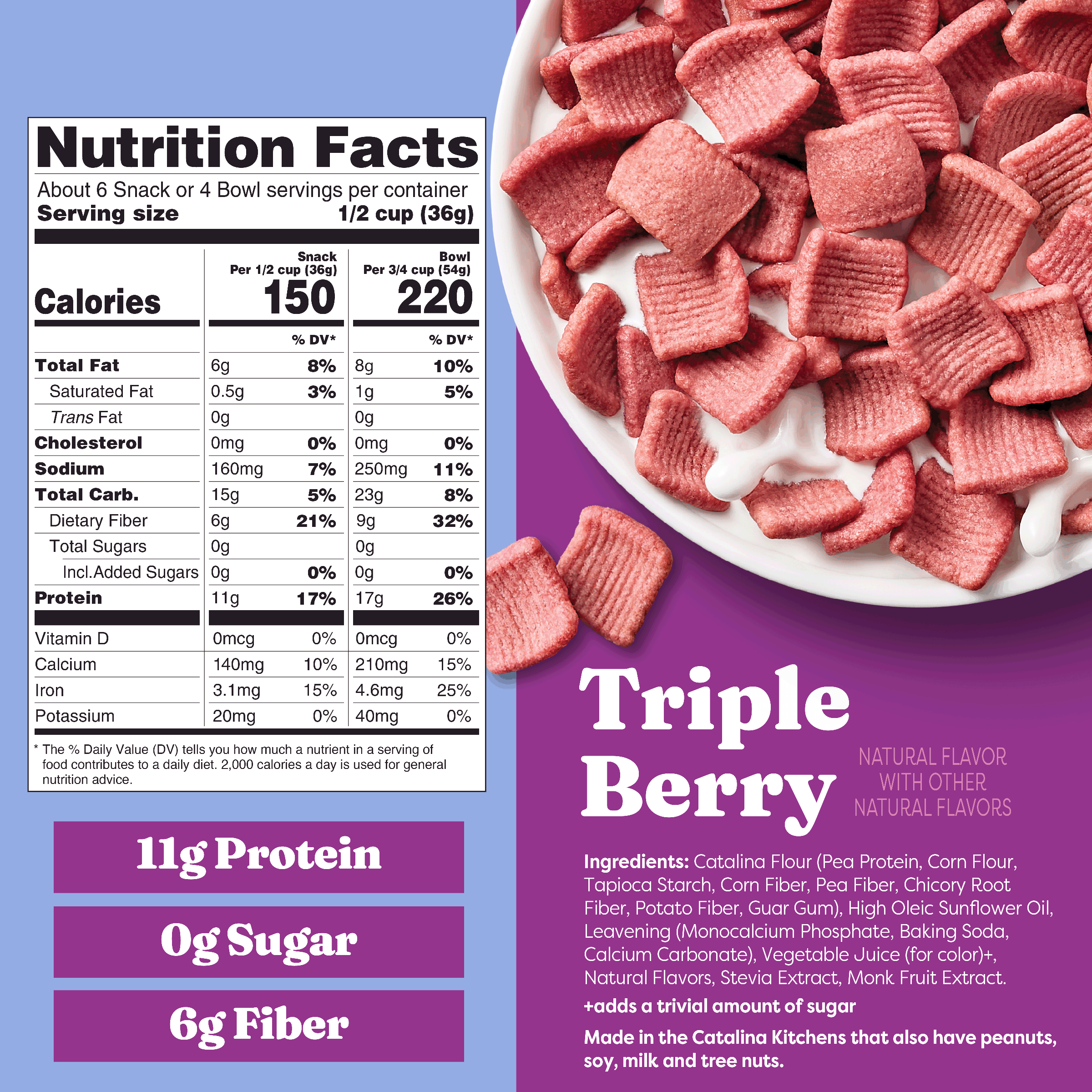 Nutrition facts label and bowl of pink cereal on a purple background