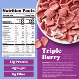 Nutrition facts label and bowl of pink cereal on a purple background