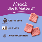 Product reasons to believe with 'Snack Like it Matters!' branding, featuring three pink cereal pieces on a blue background.
