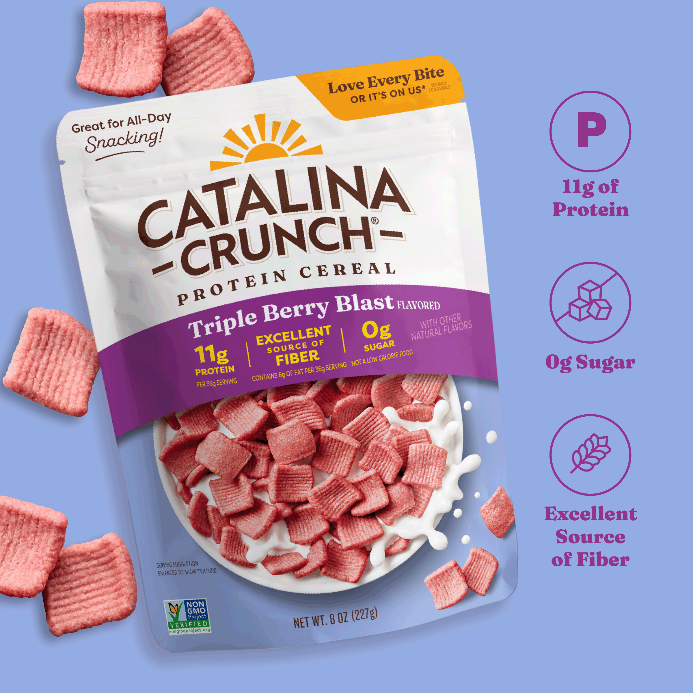 Catalina Crunch Protein Cereal package with pink cereal pieces on a blue background