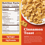 Cinnamon toast cereal packaging with nutrition facts and ingredients listed.