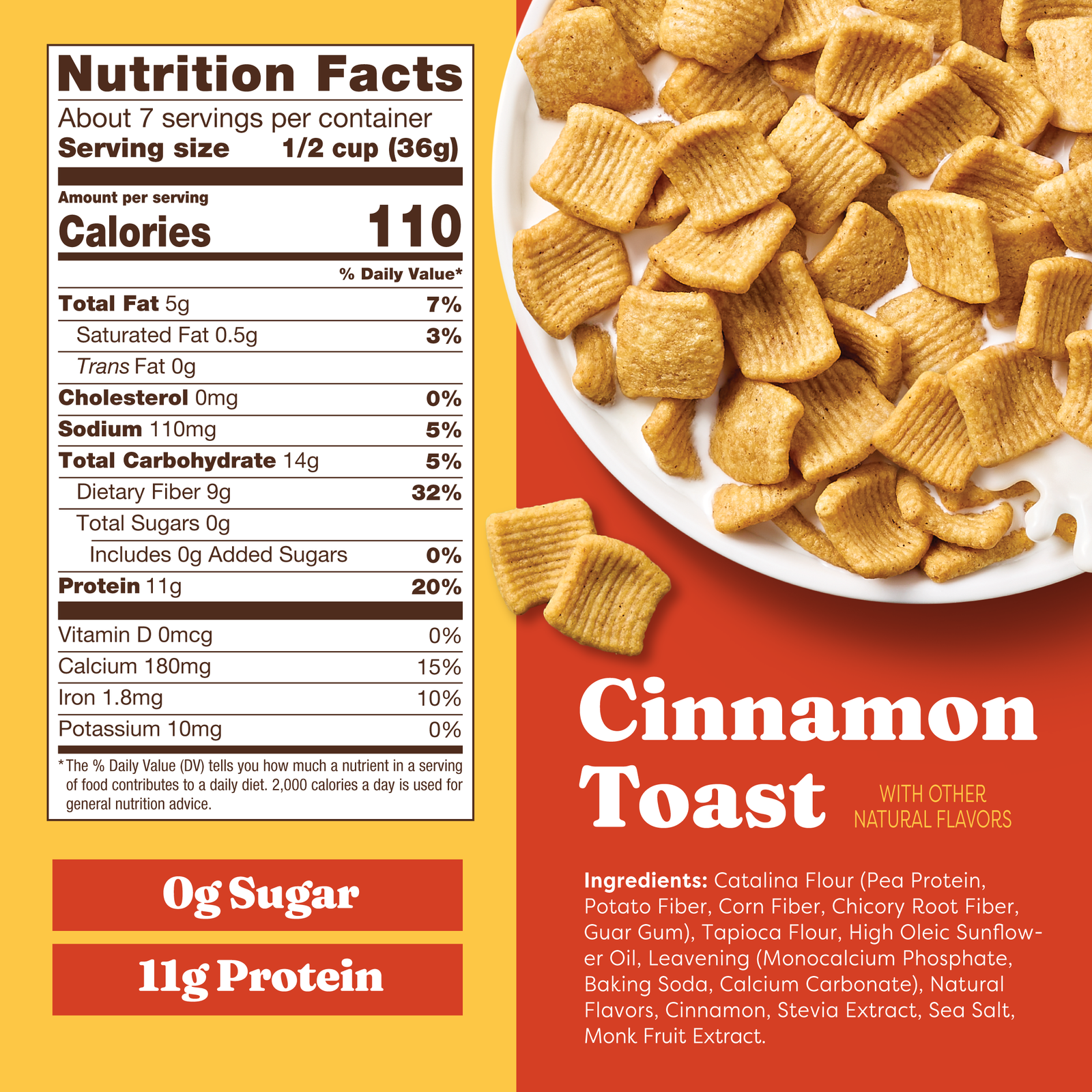 Cinnamon toast cereal packaging with nutrition facts and ingredients listed.