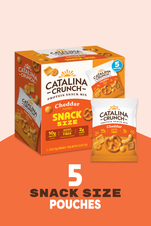 Catalina Crunch snack size packaging on an orange background