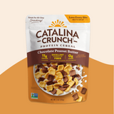 Catalina Crunch Protein Cereal package with chocolate peanut butter flavor on a beige background