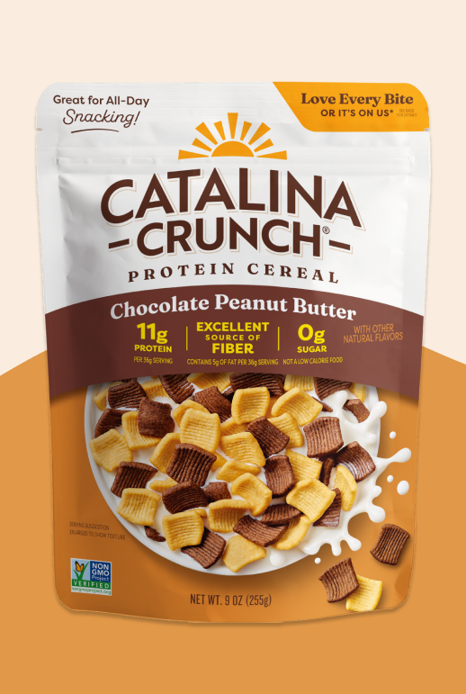 Catalina Crunch Protein Cereal package on a beige background