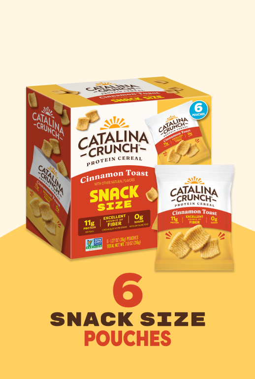 Catalina Crunch Cinnamon Toast snack size cereal packaging on a yellow background