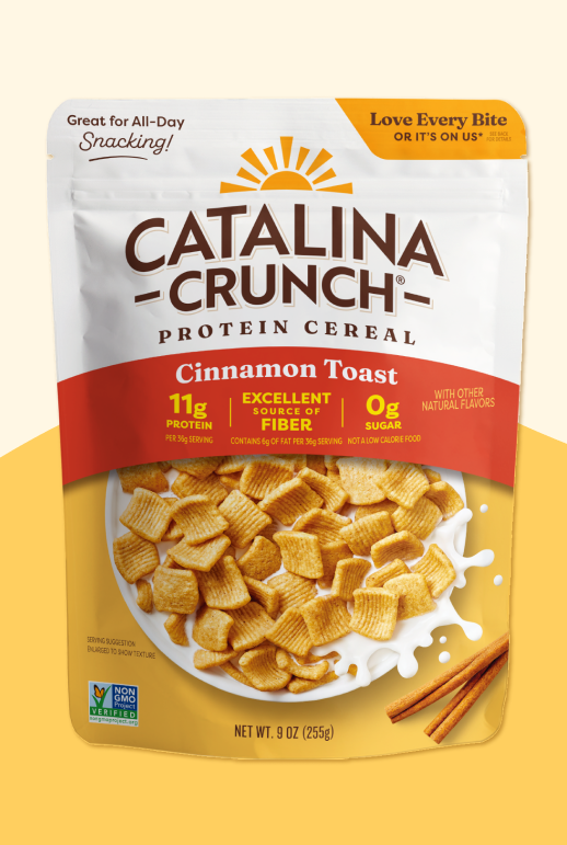 Catalina Crunch Cinnamon Toast Protein Cereal package on a yellow background