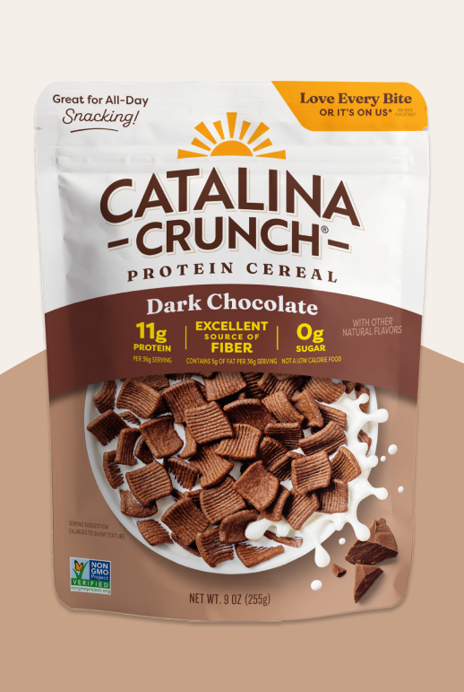 Catalina Crunch Dark Chocolate Protein Cereal package on a beige background