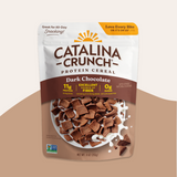 Catalina Crunch Dark Chocolate Protein Cereal package on a beige background