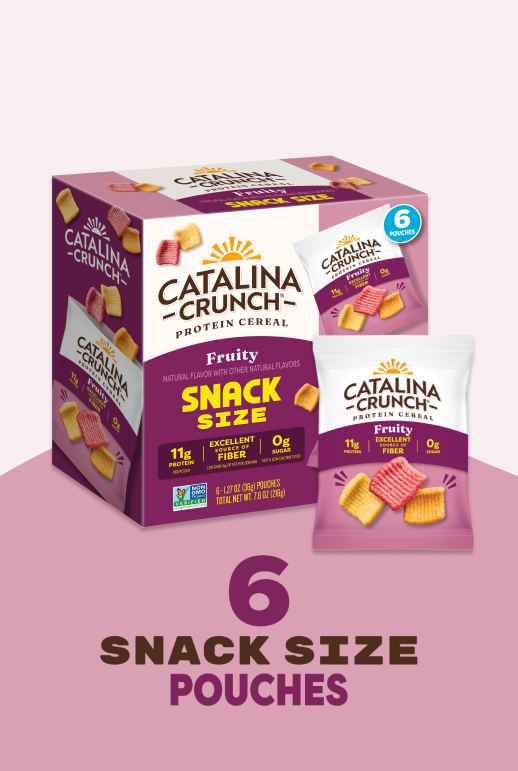 Catalina Crunch cereal packaging with snack size pouches on a purple background