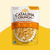 Catalina Crunch Protein Cereal package on a yellow background
