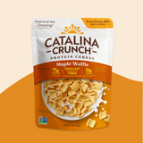 Catalina Crunch Protein Cereal package with maple waffle flavor on a beige and orange background