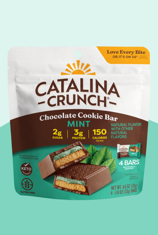 Packaging of Catalina Crunch Mint Chocolate Cookie Bars on a teal background