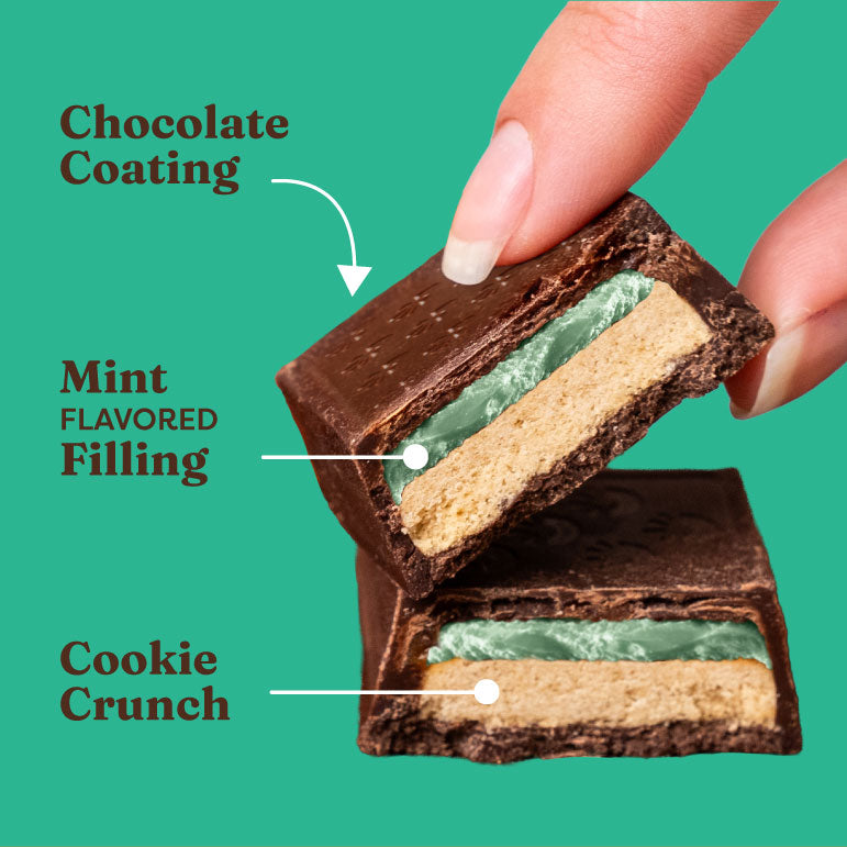 Chocolate cookie with mint filling labeled on a green background