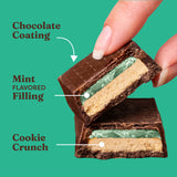 Chocolate cookie with mint filling labeled on a green background