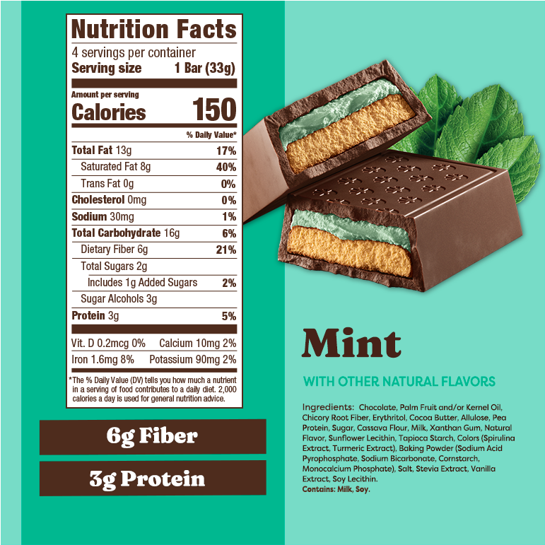 Nutrition facts label and mint chocolate bar on a green background