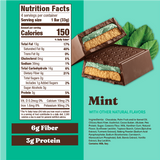 Nutrition facts label and mint chocolate bar on a green background