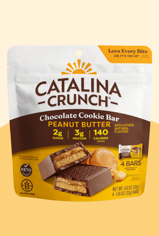 Catalina Crunch Chocolate Cookie Bar Peanut Butter package on a beige background