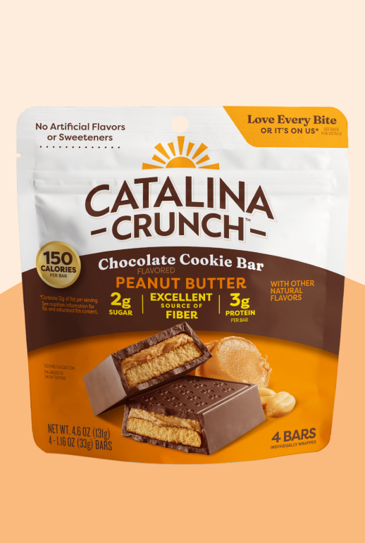 Catalina Crunch Chocolate Cookie Bar Peanut Butter package on a beige background