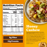 Nutrition facts label and bowl of Honey Cashew cereal with fruit on a yellow background