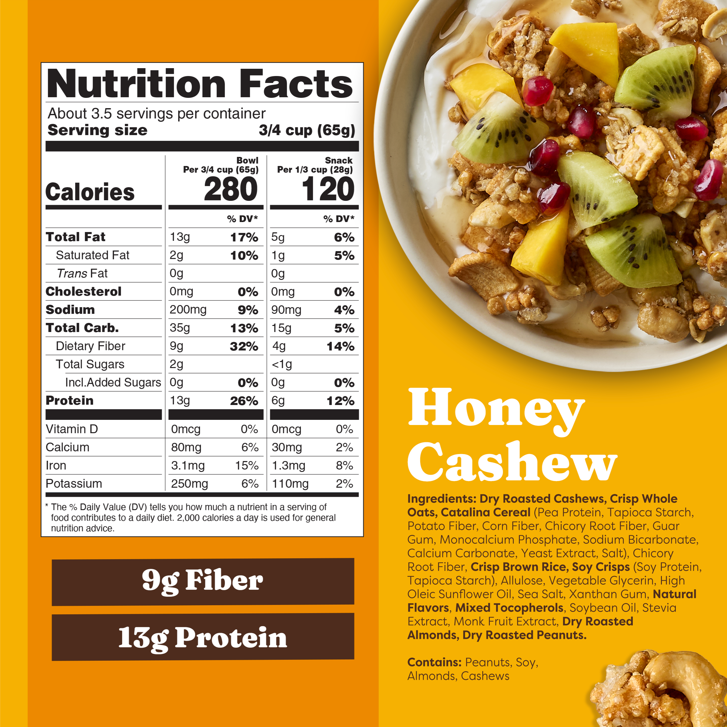 Nutrition facts label and bowl of Honey Cashew cereal with fruit on a yellow background