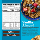 Nutrition facts label and bowl of vanilla almond cereal with berries on a blue background