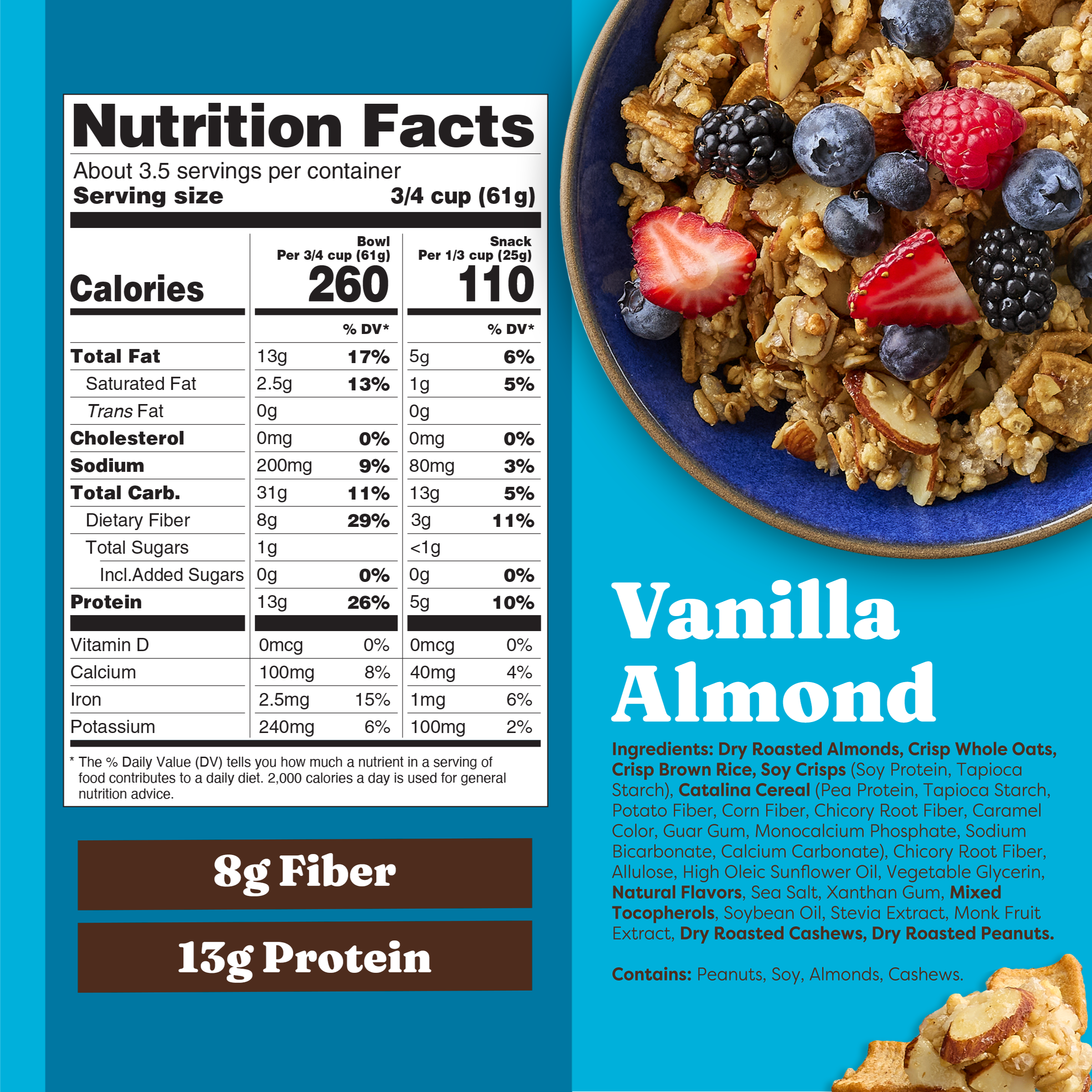 Nutrition facts label and bowl of vanilla almond cereal with berries on a blue background