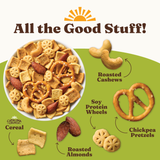 Snack mix with labeled ingredients on a green background, featuring text 'All the Good Stuff!'.
