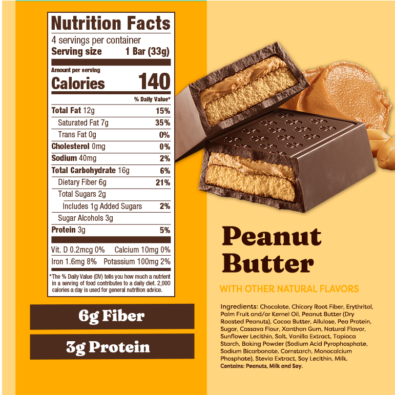 Nutrition label and packaging of a peanut butter bar with ingredients listed.